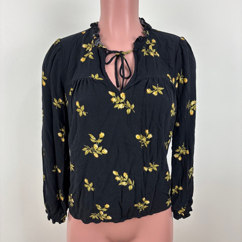 Reformation Amira Top Black Yellow Floral Small Ruffle Tie Neck Long Sleeve